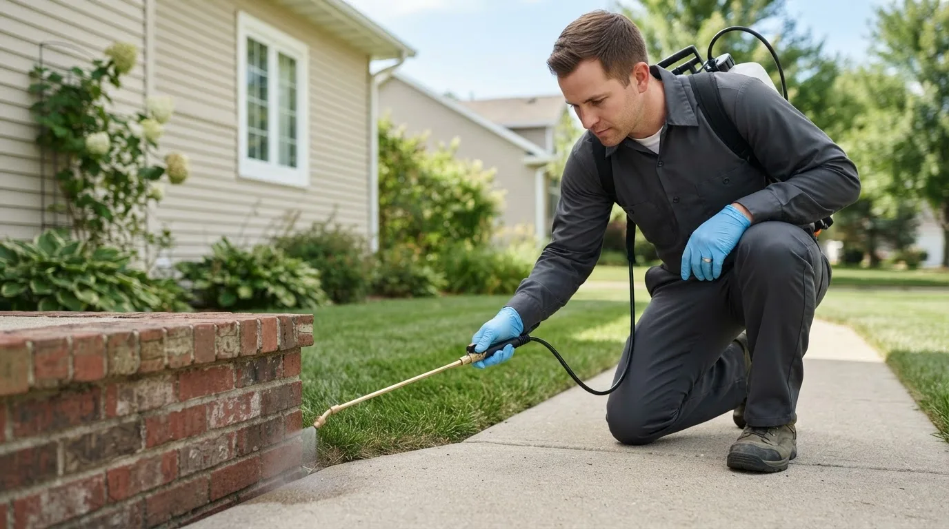 Pest control technician treating a home near Kirkersville, OH