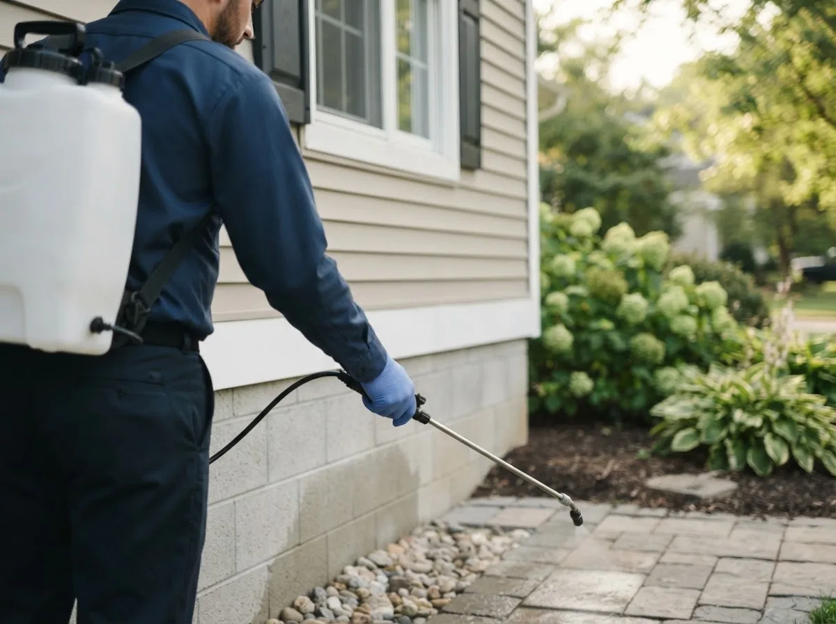 Pest control technician inspecting a home in Kirkersville, OH